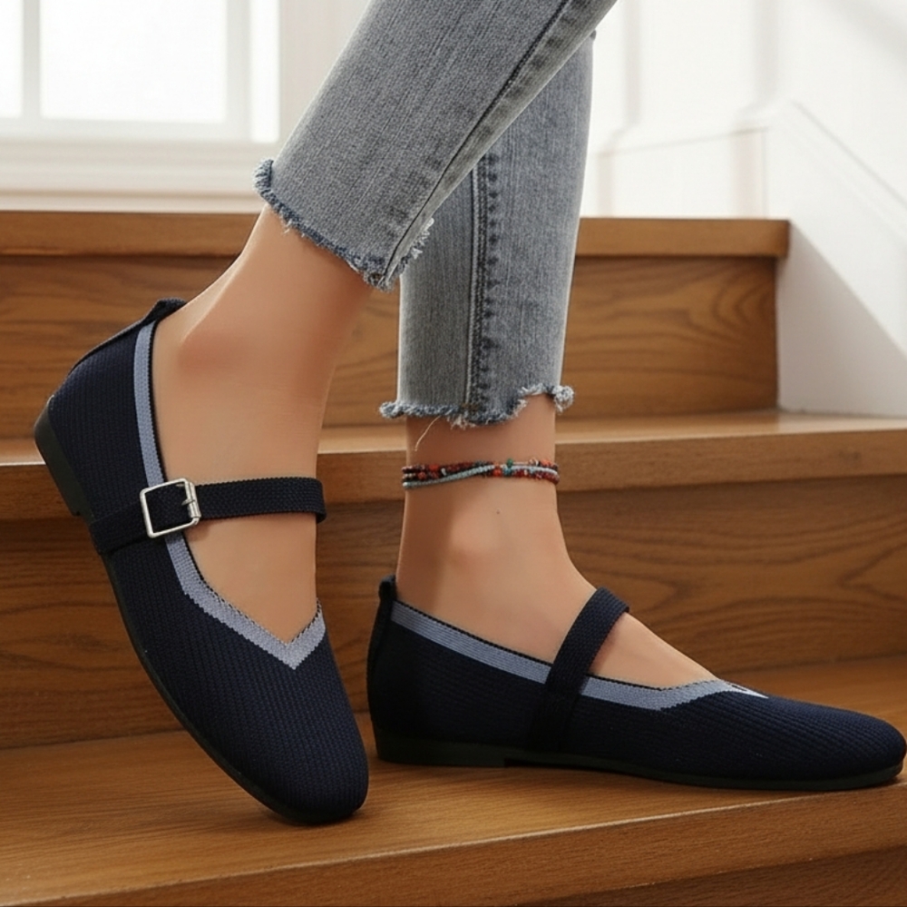 Mary Jane Flats Round Toe Mesh Slip-On Adjustable Buckle Color Contrast Shoes